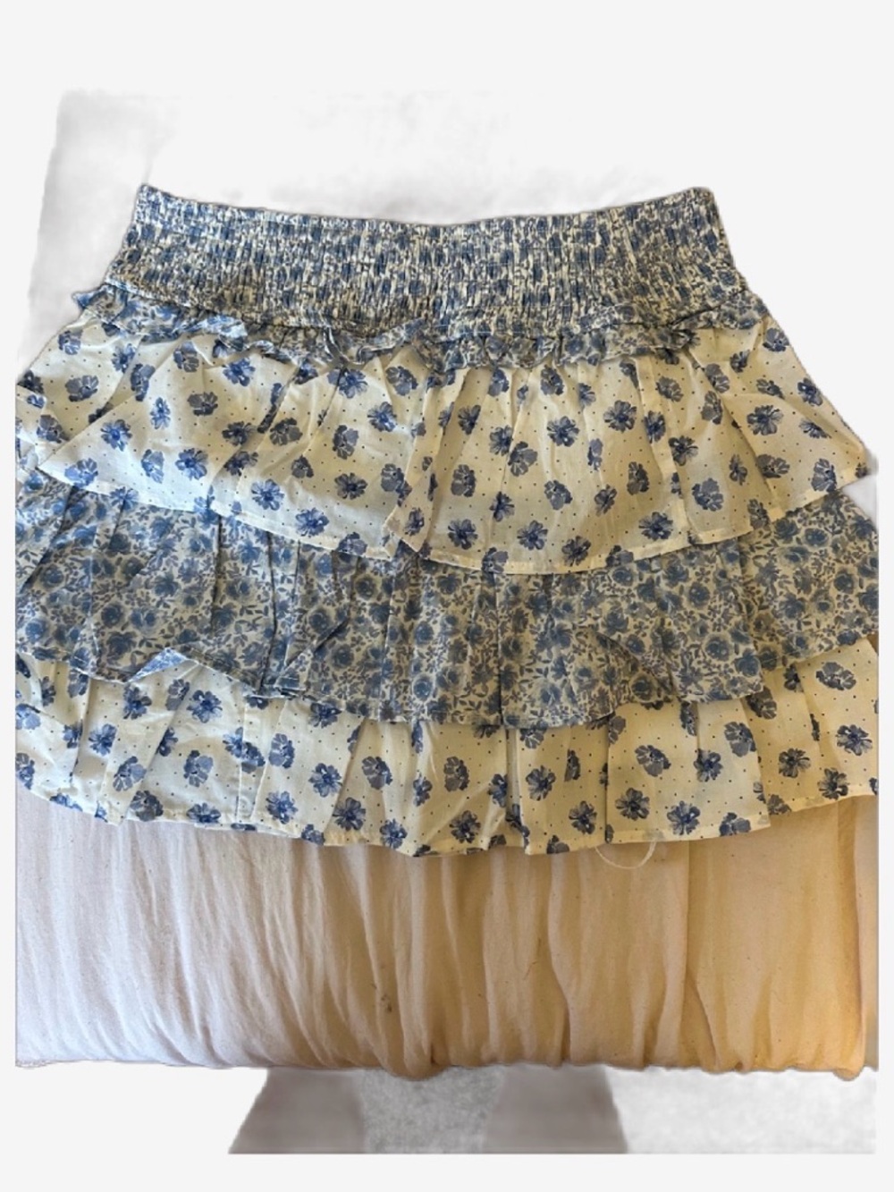 Tiered Floral Mini Skirt in Blue and Cream